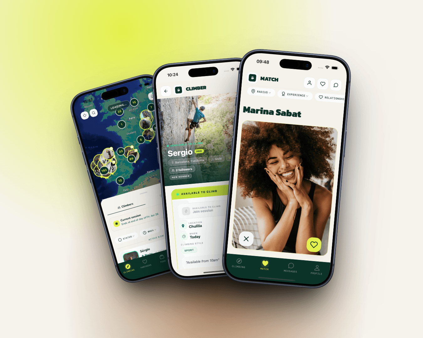 Gora app mockup showing map discovery, climber profile, and partner matching screens